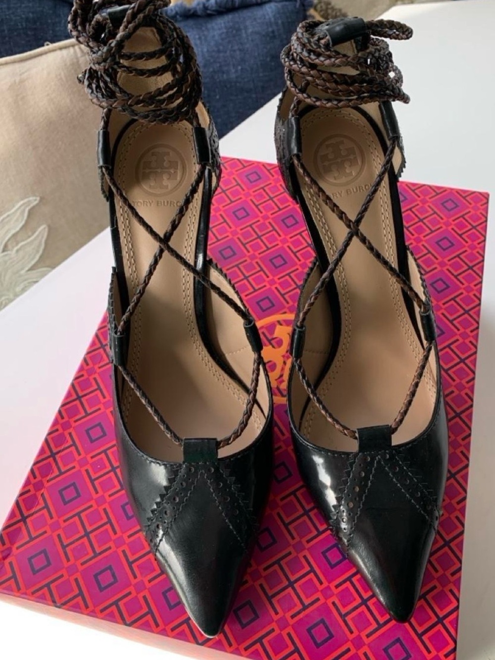 Tory Burch Black Braided Lace-Up Pointed Toe Heels